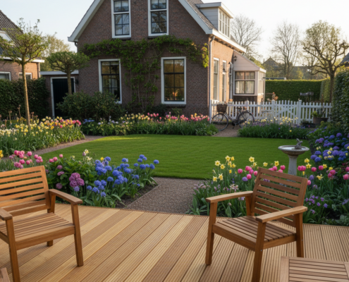 Bilinga decking in a Dutch garden